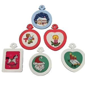 Vintage Christmas Cross Stitch Ornaments 80s Hand Made Santa Candle Snow Toys